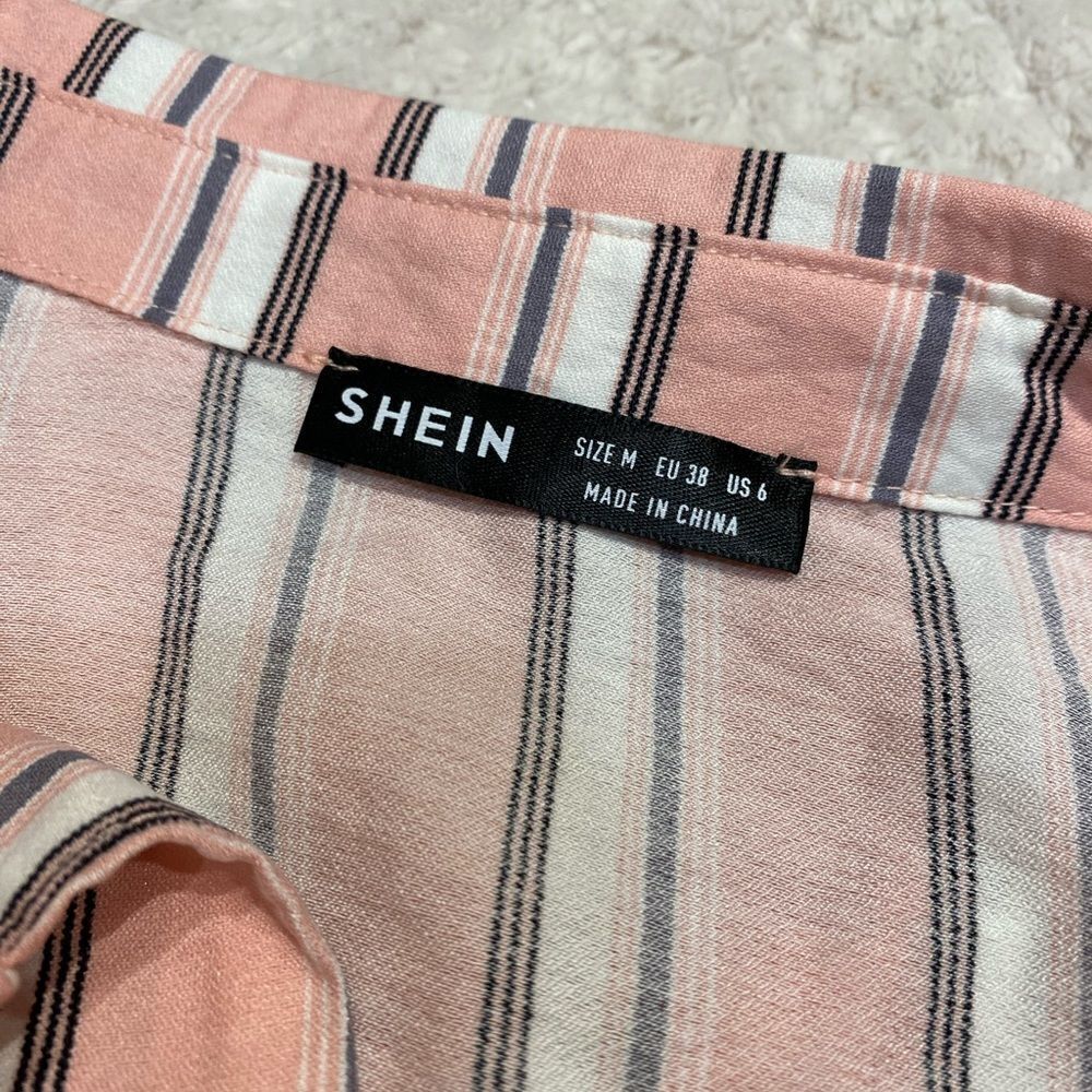 SHEIN Pink White Gray stripe belted Dolman Sleeve Midi shirt Dress medium - Picture 6 of 8